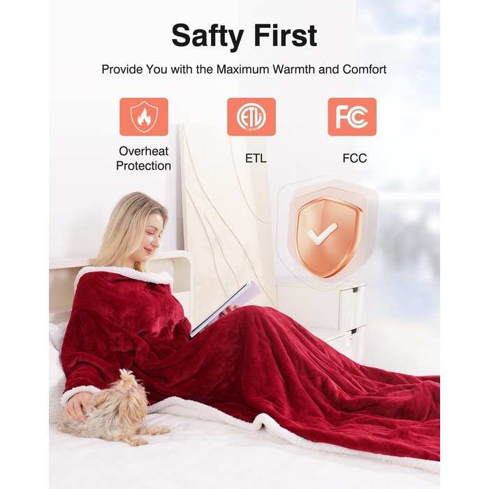 Електрична ковдра Yokimisu з автовимкненням 180x130 см, плюшева, з 6 рівнями нагріву, таймером, захистом від перегріву, пральна, для дому та офісу (Червона)
