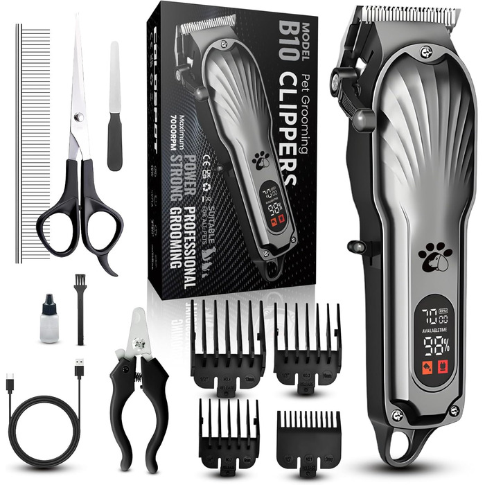 Професійна машинка для стрижки собак з щільним хутром, бездротова, тиха, з LED-дисплеєм, для довгого, товстого, тонкого, кучерявого та хвилястого хутра
