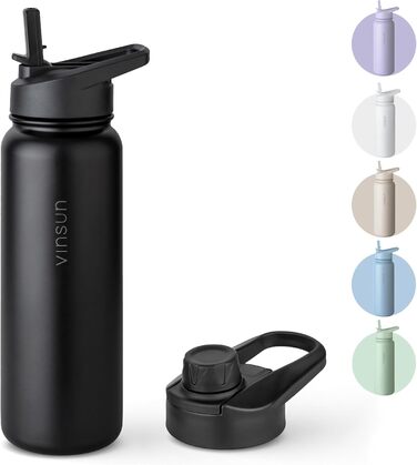Stainless Steel Water Bottle 1L - Straw, Drinking Opening - Leakproof, Carbonated Drink Compatible, BPA Free - Thermos Flask for Sports, Outdoors, School, University, Cycling, Hiking, Gym (750 ml, Black)