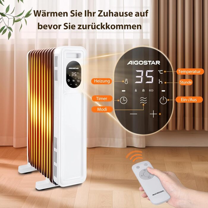 Електричний масляний радіатор Aigostar Cozy 2300W з пультом керування, 11 ребер, термостат, 3 режими, таймер 24г, LED-дисплей, захист від перекидання та перегріву
