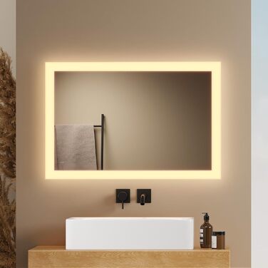 Дзеркало для ванної кімнати EMKE® з підсвічуванням 80x60 см, тепле біле світло 3000K, вимикач, вертикальна/горизонтальна установка, IP44, енергозберігаюче