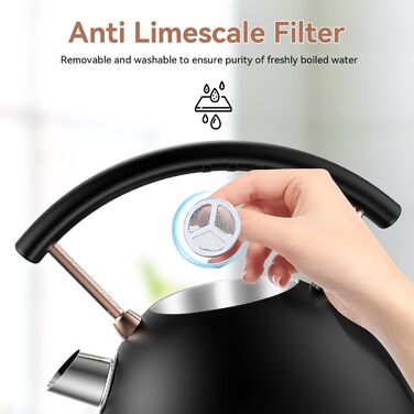 Електричний чайник Tro 1.8 л, нержавіюча сталь, 3 кВт, швидке кип'ятіння, регулятор температури, LED-підсвітка, автовимкнення, для дому, кухні, офісу, розкішного готелю (матова чорна та рожева золота)