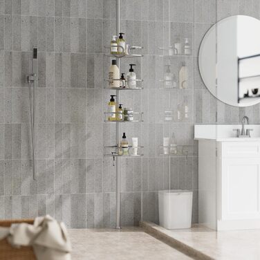 USHOWER Кутова шторка для душу з регульованою штангою, 4-ярусна, з органайзером для шампуню та мила, нержавіюча сталь, 130-307 см, срібляста