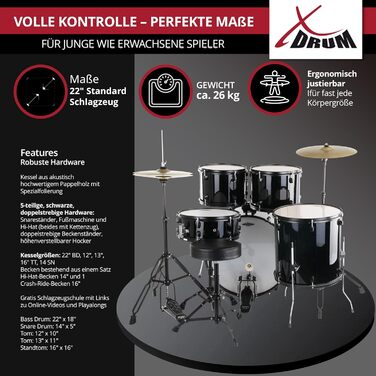 XDrum Rookie 22' барабанний комплект Standard Black - ідеальний для початківців, стильна фурнітура, з паличками 5B, інструкцією та школою барабанщиків