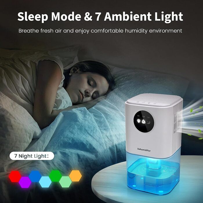 Electric Dehumidifier for Apartment, ANOEPUY 1700ml Dehumidifier Quiet Small Room Dehumidifier with 7 Colors Night Light & Timer for Bedroom, Bathroom, Kitchen, Against Mold, White
