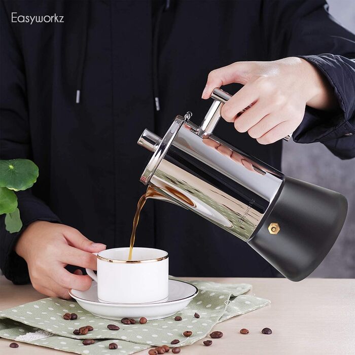Easyworkz Diego Stovetop Espresso Maker, Stainless Steel, Italian Coffee Machine, Moka Pot for 6 Cups, 300 ml Espresso Pot for Induction (200ml, Black)
