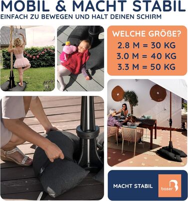 Base umbrella stand with fillable sandbags as weights (30 to 50 kg), for umbrella diameters up to 3.3 m, manufactured in Denmark from recycled material