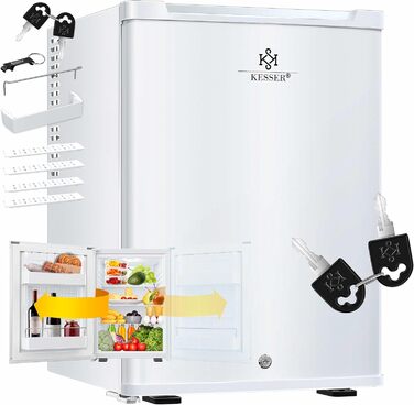 Міні-холодильник KESSER® 40L з замком: ідеальний для кемпінгу, офісу, спальні, готелю, кухні. Безшумний, з можливістю зміни напрямку відкривання дверцят, з підсвічуванням та відкривачкою для пляшок. Білий.