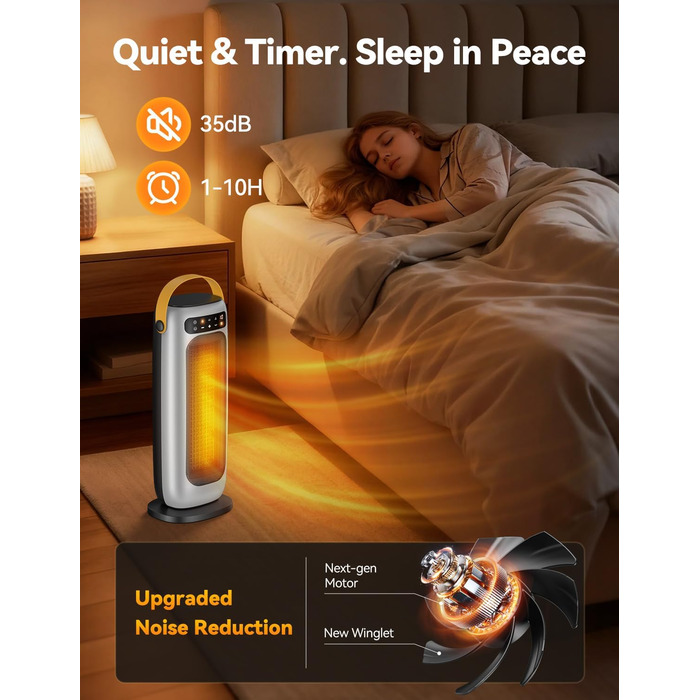 Електричний обігрівач PTC керамічний 1500W з пультом, 4 режими, осциляція 110°, таймер 1-10 год, захист від перегріву та перекидання. Компактний обігрівач для дому (сріблястий)