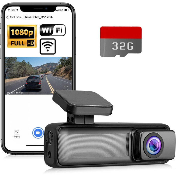 eSynic Міні відеореєстратор (Dashcam) Auto WiFi 1080P Full HD – 160° Широкий кут, Нічне бачення, G-сенсор, Паркувальний режим, Керування через App, WiFi, 32GB SD-карта в комплекті