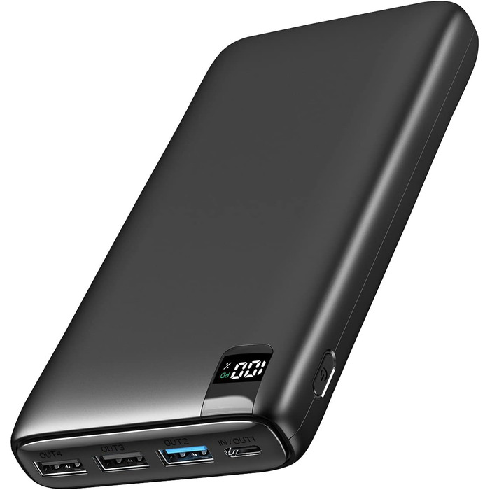 Power Bank ADDTOP 20000mAh сонячна бездротова, 22.5W з 2 кабелями та ліхтариком, для телефону, планшету, кемпінгу - чорний