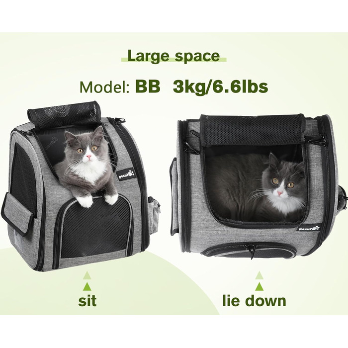 Pecute Pet Carrier Backpack with Mesh Window - Portable & Foldable Cat Carrier, Breathable & Lightweight Dog Carrier - Waterproof Oxford Cloth, Large Capacity, Non-Slip Gray