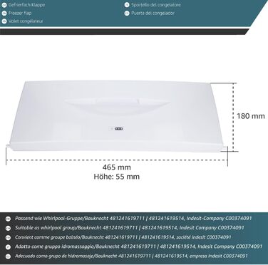 Freezer door, freezer compartment door compatible with Bauknecht, Whirlpool, Indesit C00374091, alternative for 481241619514 and 481241619711, refrigerator integrated freezer replacement part