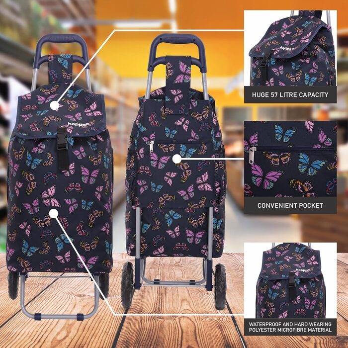 Hoppa 57L Shopping Trolley Large Shopping Roller Waterproof Shopping Cart Wagon (Black Flamingos) (Navy Blue Butterflies)