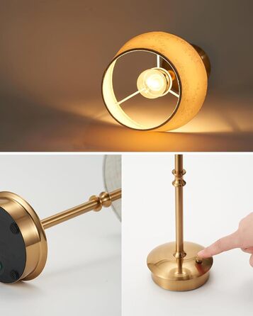 Настільна лампа OCEST на акумуляторі, сенсорне керування, регульована яскравість, для дому, кухні, тераси, їдальні (античне латунь-лінолеум), плафон з шовку 35,5 см