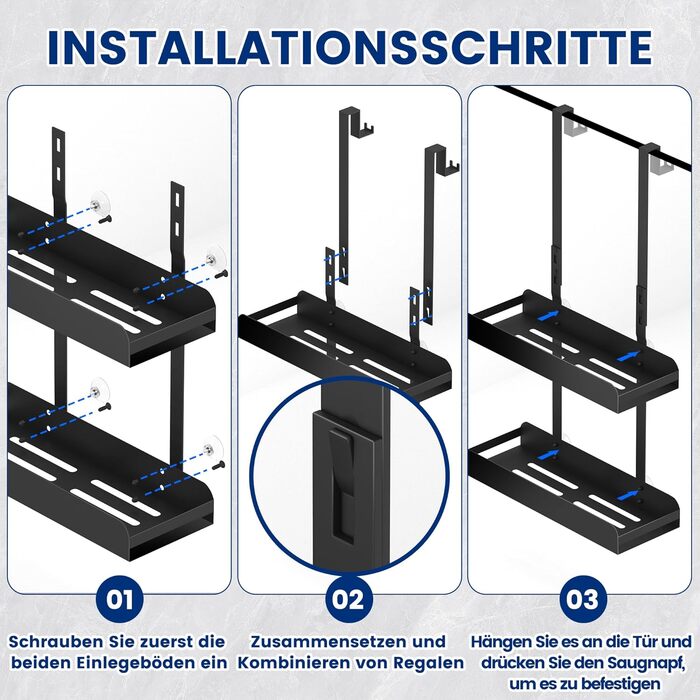 Настінна поличка для душу без свердління, чорна, з 4 гачками. Органайзер для шампуню та інших аксесуарів у ванну кімнату та кухню. Підходить для безрамкових скляних дверей.