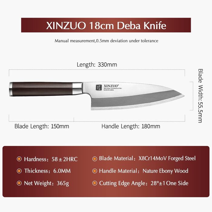 Японський ніж Deba XINZUO 18 см з нержавіючої сталі X8Cr14MoV для суші та сашимі, професійний ніж для риби з ебонітовим руків'ям та піхвою з берези