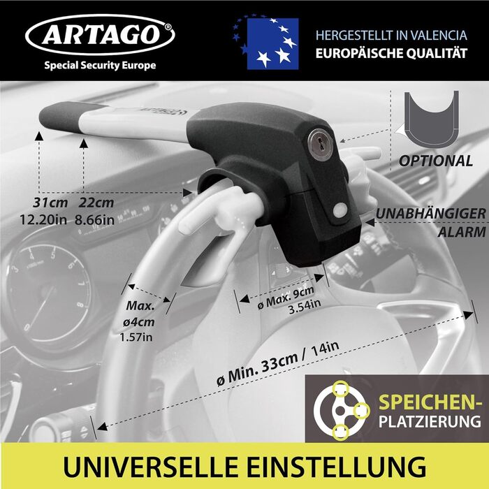 ARTAGO 870 Блокіратор керма 2-в-1 з сигналізацією 120дБ і LED, протиугінний замок для авто, на кермову спицю, преміум якість