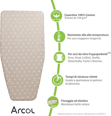 Чохол для прасувальної дошки Arcol з гумкою, сумісний з Foppapedretti, Італія, 100% бавовна, бежевий з білими серцями