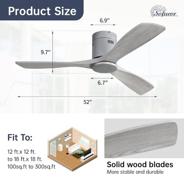 Стелянка вентилятор Sofucor з пультом керування, дерев'яна стельова вентиляція з 3 лопатями, 132 см, тиха, 6 швидкостей, таймер, DC двигун, режим літо-зима для спальні (Без світла + Flush Mount, сірий колір дерева)