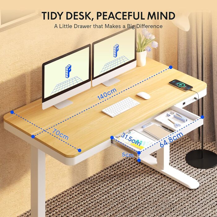 FLEXISPOT Electric Standing Desk with LED Display, Memory Function, USB Port & Drawer - 140x70cm Natural Maplewood