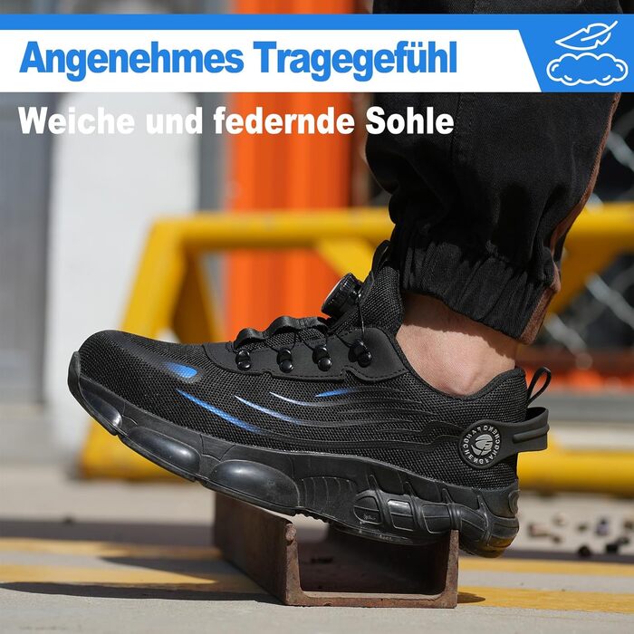 Черевики робочі чоловічі S3 з пружинним закриттям - Легкі робочі черевики жіночі з металевим підноском, неслизькі, спортивні кросівки для роботи та повсякденного використання 44 EU A881, блакитні