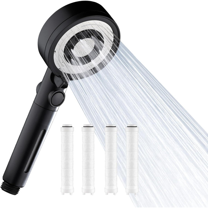 Фільтр для душу Nafall, душова лійка з фільтром, 5 режимів, економна водозбірна лійка для важкої води, видаляє важкі метали, хлор, бактерії, хром, чорний, 4 фільтри
