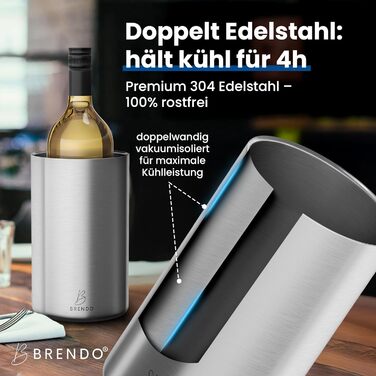 Охолоджувач для пляшок та шампанського Brendo Weinkühler Edelstahl - подвійний, ізольований, срібляний | Охолоджувач для вина, шампанського, белого вина | Подарунковий набір для чоловіків та жінок