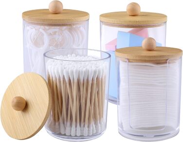 Організатор для ватних дисків та паличок: прозорий контейнер з бамбуковою кришкою (4 шт.)