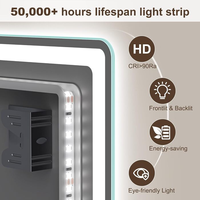 Дзеркало для ванної кімнати зі підсвічуванням STARLEAD 100x70 см з Bluetooth, антизапотівання, регулювання яскравості, 3 кольори світла, пам'ять, IP44, LED, горизонтальне/вертикальне, HD скло, Madrid Silver (M3015)