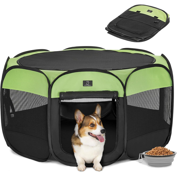 Клітка-вигул для цуценят та кошенят 4 Pet, розкладна, для собак та котів, для дому, з блискавкою, портативна, M, блакитно-біла (M з мискою, чорна/зелена)