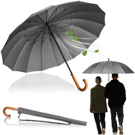Logan & Barnes Stormproof Umbrella - 120cm Large Windproof Umbrella with Wooden Handle & Quiet Rubber Tip - 16 Ribs - EDINBURGH Model (Gray)