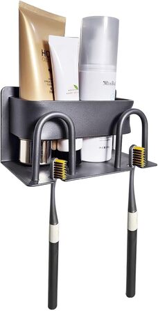 Toothbrush Holder with 2 Brush Slots, Wall Mount, Self-Adhesive Bathroom Storage, Grey (2 Compartments)