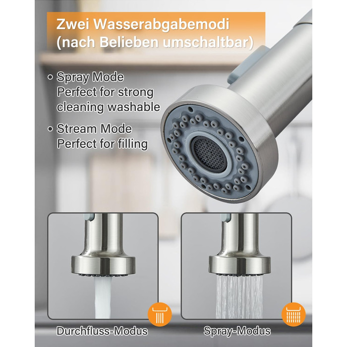 Кран кухонний Hbronzeshower з висувною лійкою, 360° обертання, нержавіюча сталь, щіткований нікель