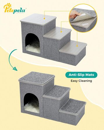 PETEPELA Folding Dog Stairs, 3 Steps, Pet Stairs for Small Dogs with Storage Space, 3 Steps to Couch