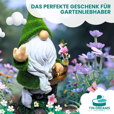TIN DREAMS FACTORY | Cheeky Garden Gnome with Middle Finger and Solar Light – Funny Decorative Figure made of Resin for Garden, Terrace, Balcony – Witty Weatherproof Outdoor Decoration