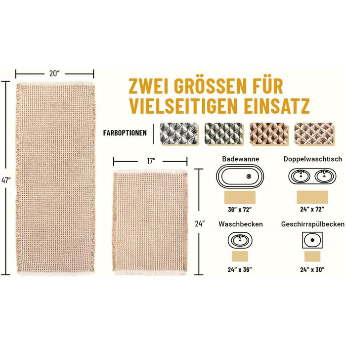 Boho Bathroom Rug Set - Non-Slip Bath Mats (2-Piece) - Washable Shower Rugs for Bathroom, Bedroom, Living Room - 51x120cm + 41x61cm (Brown & White)