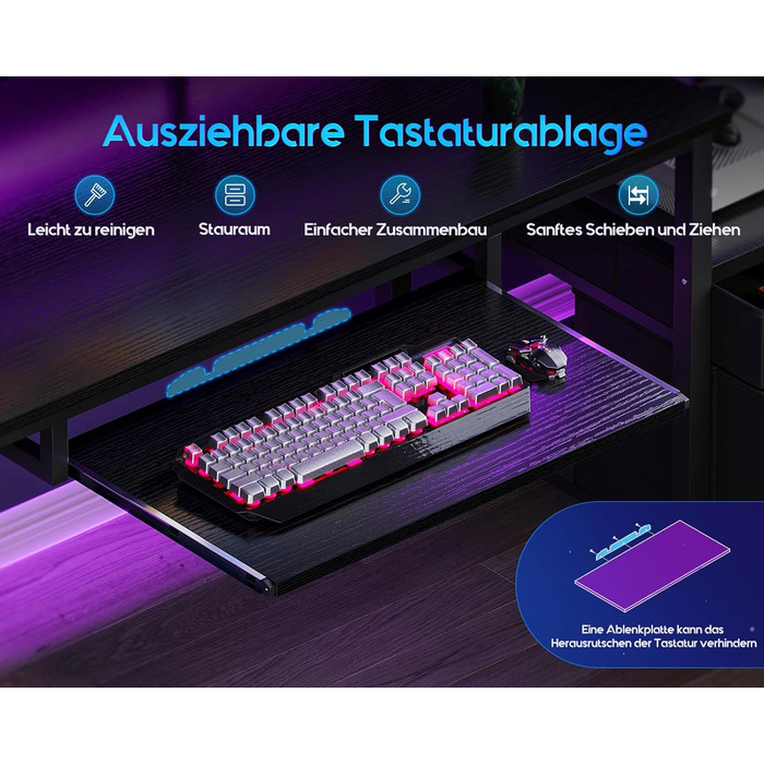 Ігровий стіл Coleshome з LED підсвічуванням, 140x48 см, з ящиками з тканини, стіл для комп'ютера з 2 розетками та 2 USB-портами, стіл для геймінгу з підставкою для монітора для дому/офісу, чорний 140x48 см