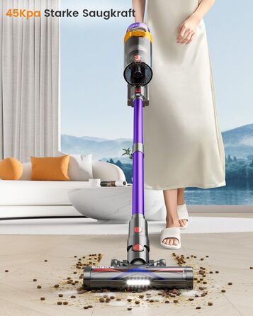 Бездротовий акумуляторний пилосос 45000 Па/550 Вт/70 хв, 1.8 л з OLED-екраном та антизаплутана насадка для підлоги, для твердих поверхонь, килимів, шерсті тварин