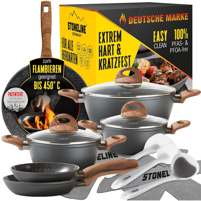 STONELINE Ceramic Cookware Set, 14-Piece, 18/20/24cm Pots and Pans, PFAS-Free, Cookware Set, Pan Set, Induction, Cookware Set with Lids, Ceramic Coating with Real Stone Particles, Wood-Look Handles, 14-Piece