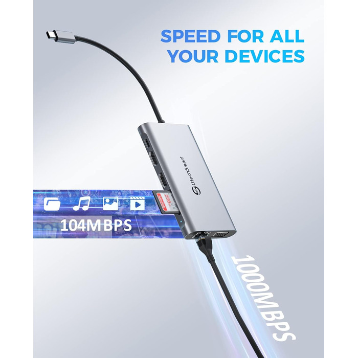 Док-станція USB C з підтримкою 3 моніторів, хаб з Ethernet, HDMI, VGA, PD3.0, SD/TF кардридер та 4 USB порти, сумісна з MacBook та Windows (UCN3270)