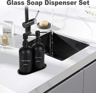 Набір дозаторів для мила Lannvan, скло, 500 мл, чорний матовий, для ванної кімнати та кухні, з підносом та етикетками