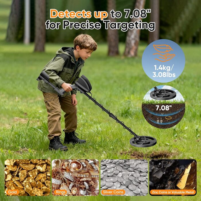 Металошукач професійний для дорослих та дітей, вологостійкий (IP68), режим виявлення всіх металів та монет, з навушниками та лопатою для пошуку золота на пляжі (5090-B2)