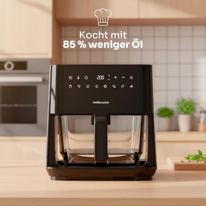 Фритюрниця без олії MELLERWARE 1450W з скляним контейнером 4.5L, 9 програм, сенсорний дисплей, 80–200°C, таймер 60 хв, для миття в посудомийній машині
