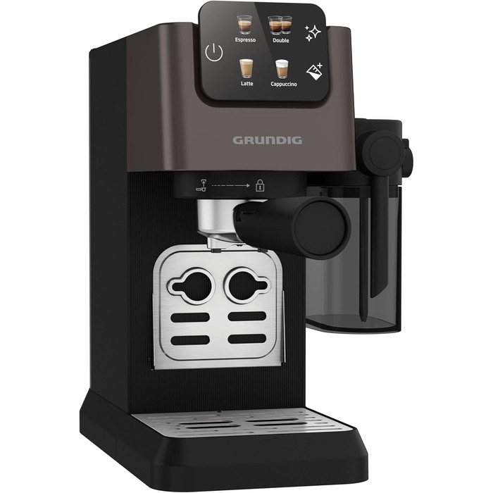 GRUNDIG KSM 5330 Espresso Machine with Integrated Milk Container, 1628 W Power, 15 bar Pump Pressure, Dual Nozzle, Color Touch Display, BrewSense, CreamyPro, Dark Inox/Black. With Milk Container