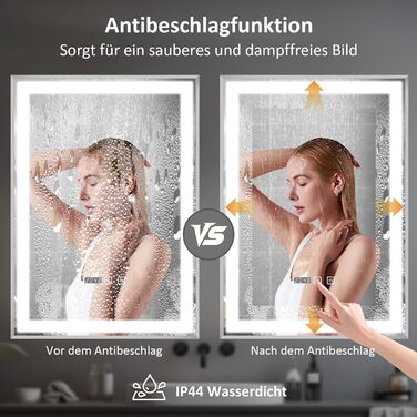 Дзеркало YOURLITE з підсвічуванням 70x50 см, LED дзеркало для ванної кімнати з годинником, сенсорне керування, 3 кольори світла, регулювання яскравості, антизапарник, пам'ять, срібний