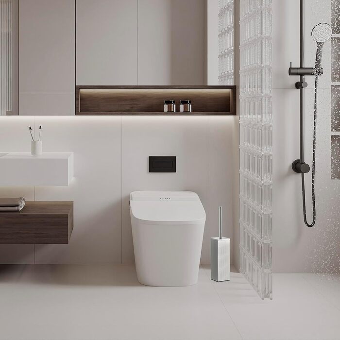 Набір для туалету ALFKET: щітка та тримач, нержавіюча сталь, з захистом від бризок, квадратна форма, з додатковою насадкою, 8x8x42.5 см, срібний