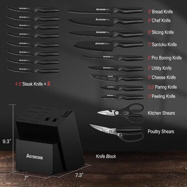 Astercook 21-Piece Kitchen Knife Set with Block - German Stainless Steel, Built-in Sharpener, Dishwasher Safe