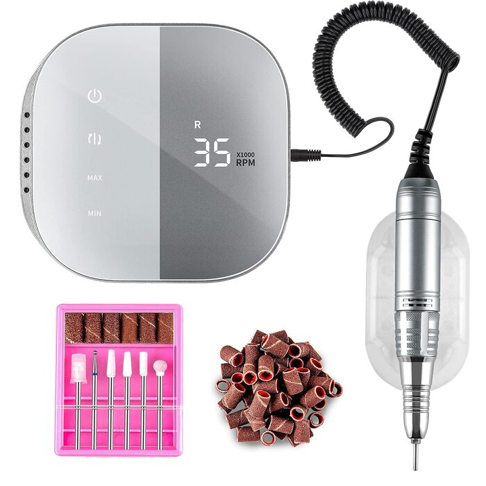 Електричний апарат для манікюру та педикюру Madenia TouchPro – професійний фрезер для гелевих нігтів з HD-дисплеєм та 6 насадками (сірий)