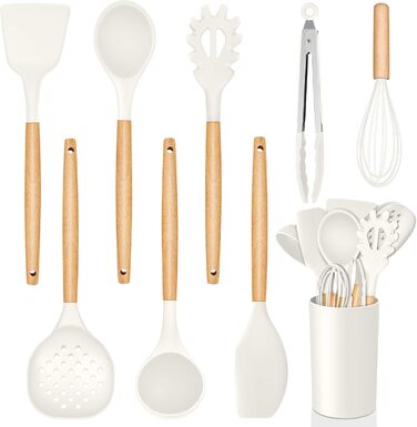 Набір кухонних аксесуарів Homikit 9 шт. з дерев'яною ручкою, чорний, з підставкою, антипригарне силіконове кухонне приладдя